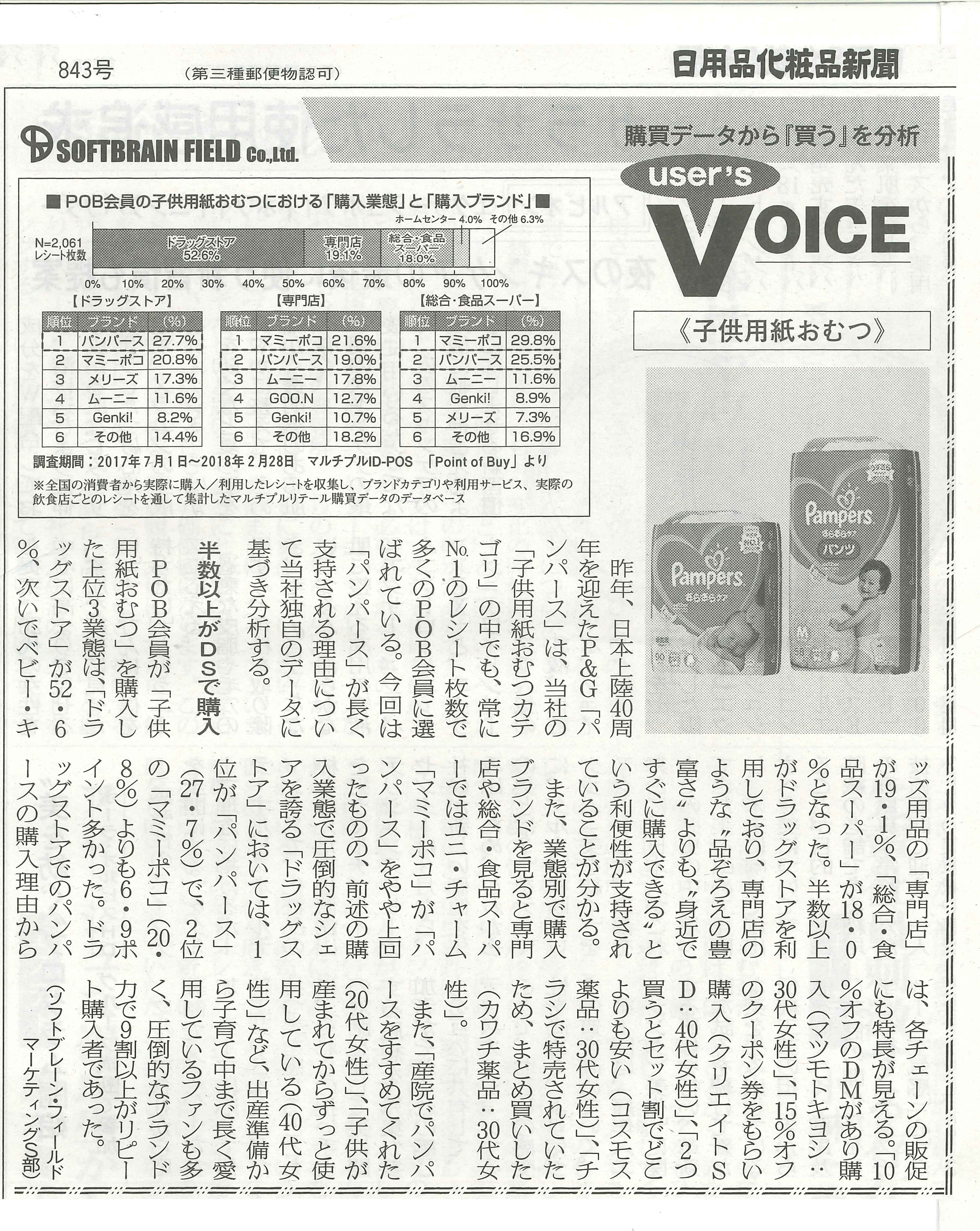 『日用品化粧品新聞』2018年4月9日号に弊社コーナー「User’s VOICE」～購買データから”買う”を分析～ VOL.6が掲載されました。