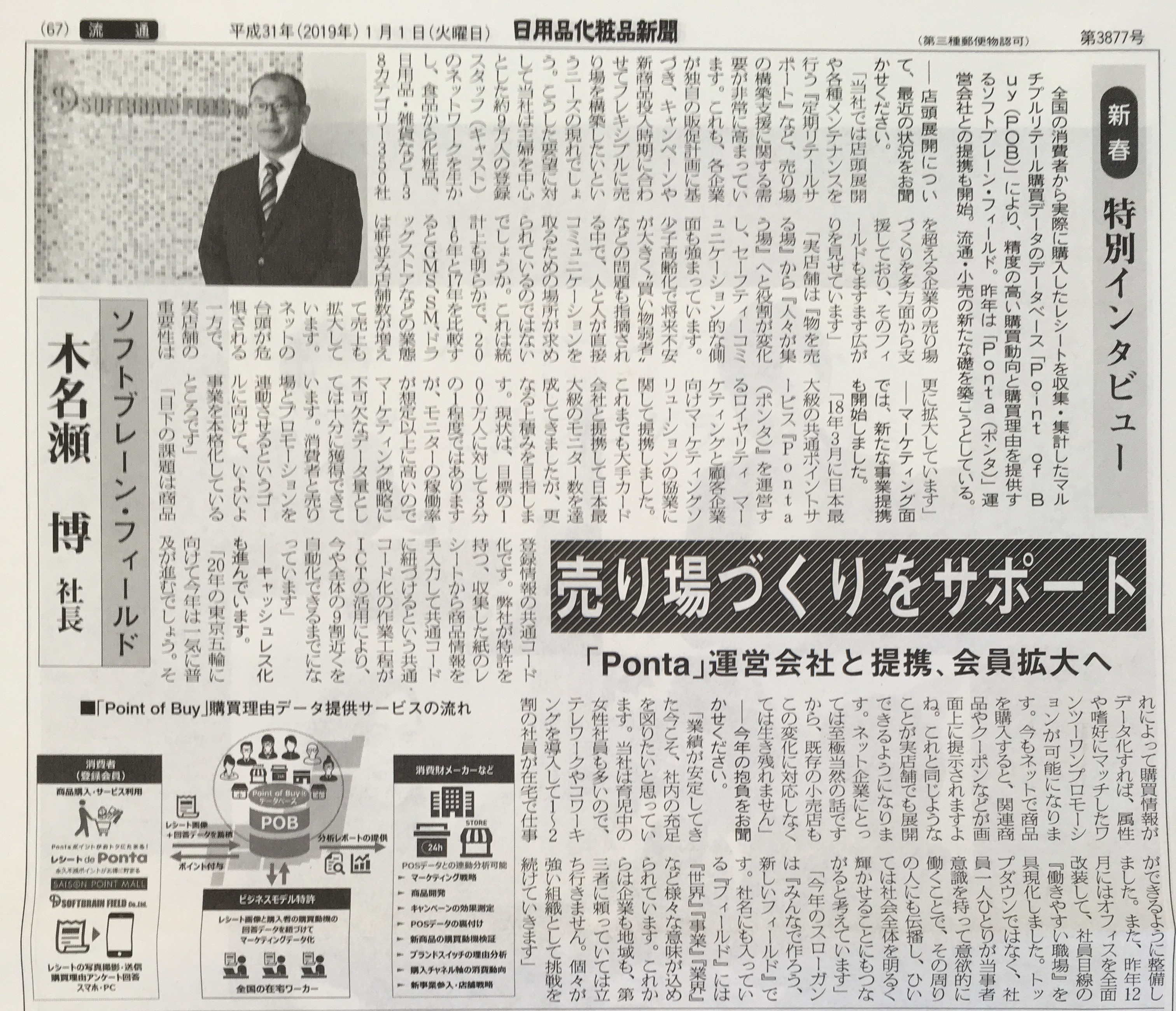 『日用品化粧品新聞』2019年新春特別号（1/1発行）に弊社代表 木名瀬のインタビューが掲載されました